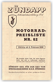 Zündapp Motorrad-Preisliste N⁰ 62. January 1938